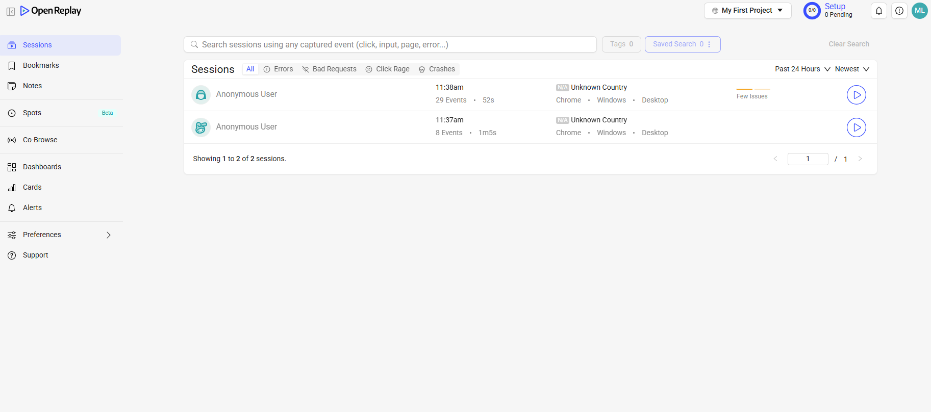 OpenReplay 호스팅 화면
